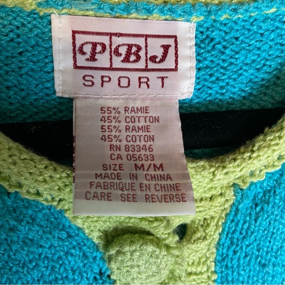 Vintage PBJ Sport Leaf Patterned Green and Blue‎ Cardigan Sweater Size Medium - Picture 6 of 6